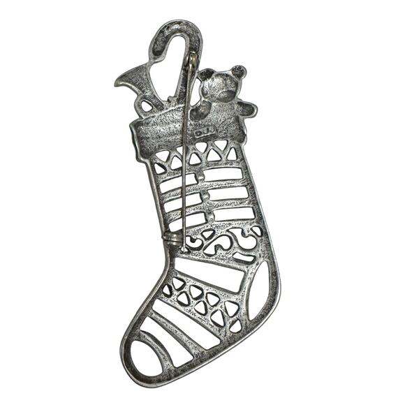 Brooch / Pin / JJ Gold Christmas Stocking / Silvertone / Vintage - Picture 2 of 2